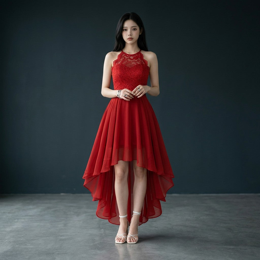 Women's Chiffon Lace High Low Cocktail Dress | Elegant Sleeveless Evening Gown 4