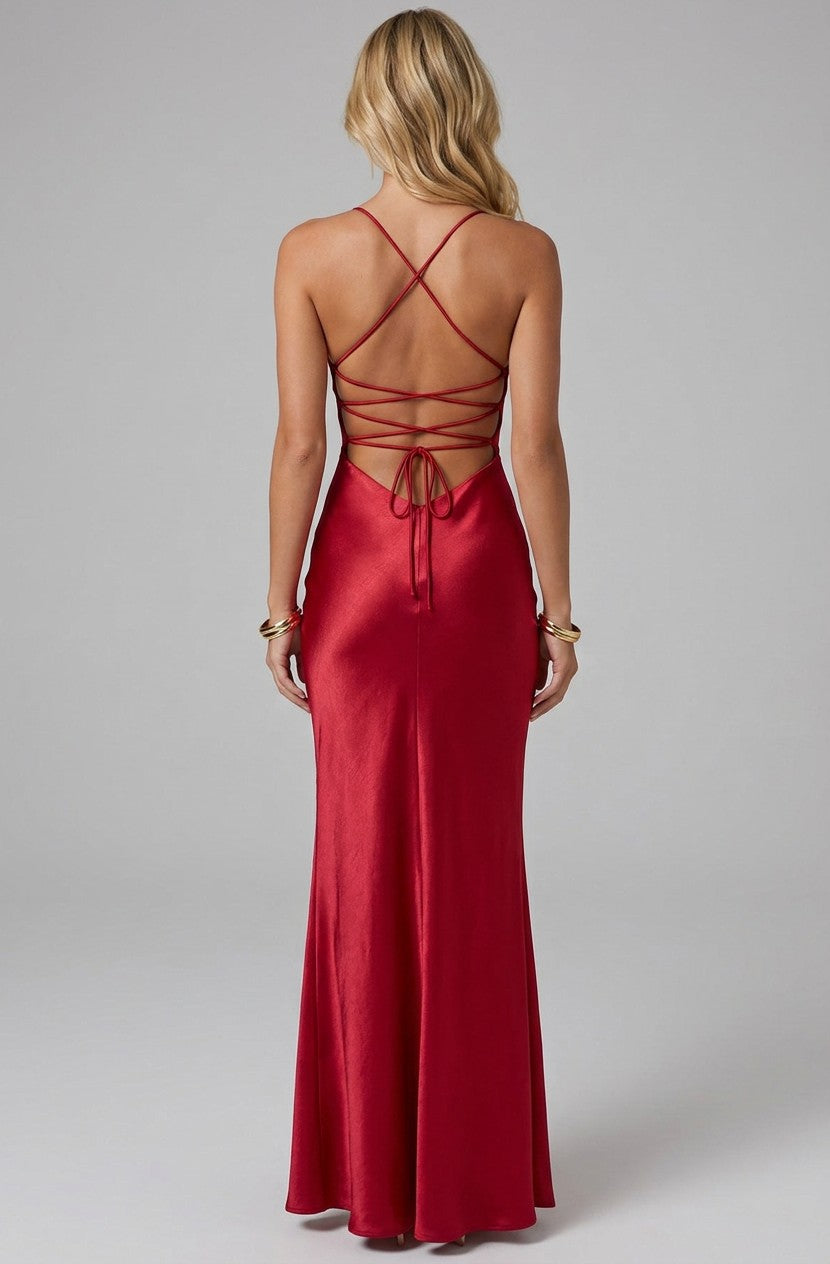 Women's Luxurious Satin Maxi Dress | Elegant Lace-Up Back Evening Gown 1
