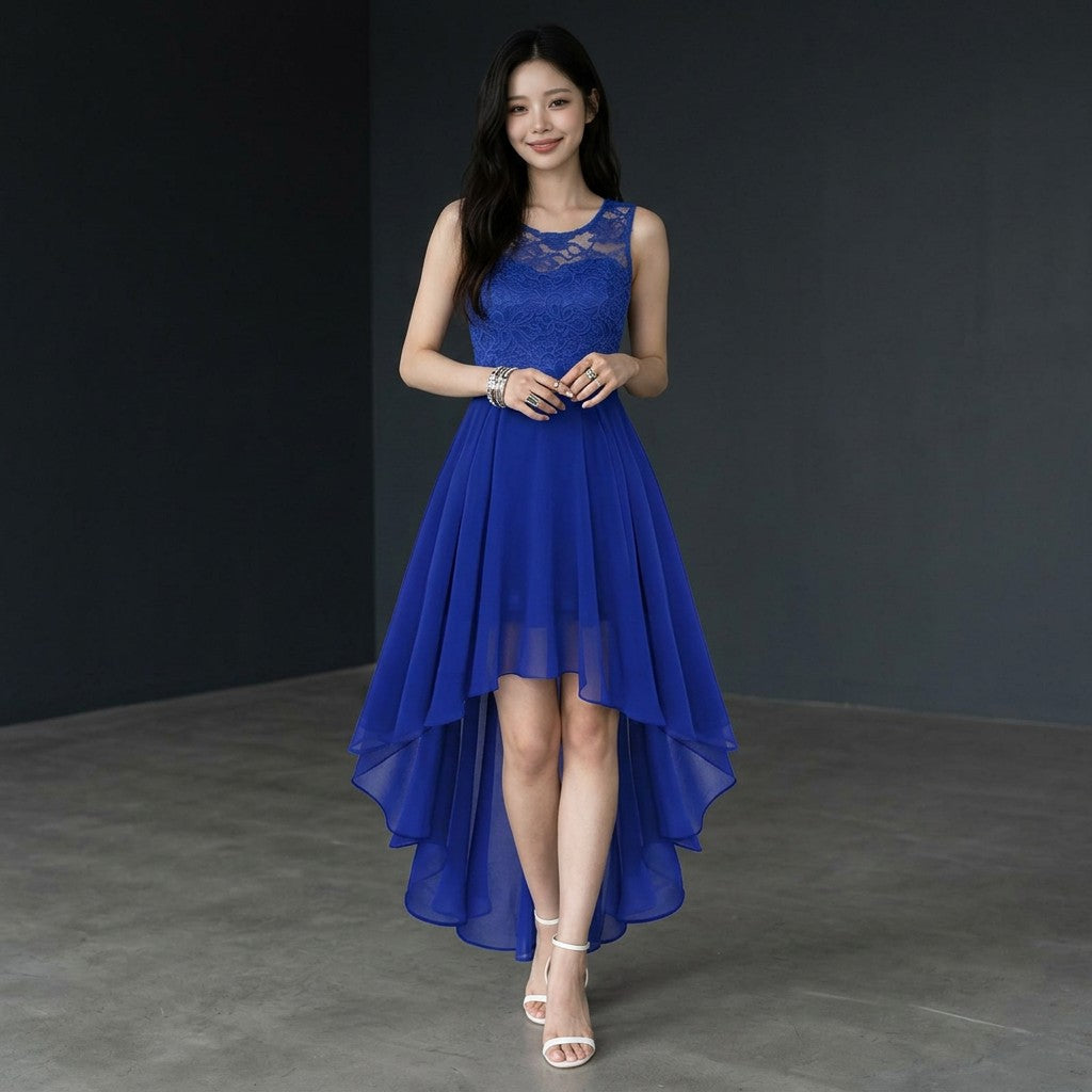 Women's Chiffon Lace High Low Cocktail Dress | Elegant Sleeveless Evening Gown 8