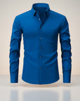 Silvorne Men's royal blue slim-fit long-sleeve shirt with stretch fabric and button-down closure.