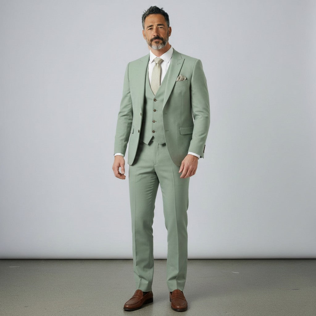 Silvorne men's sage green three-piece suit with single-breasted one-button jacket, waistcoat, and tailored trousers.