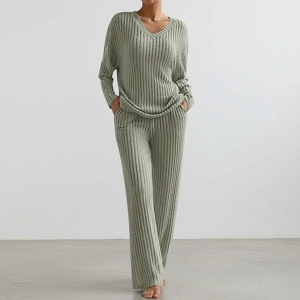Silvorne sage green ribbed knit V-neck loungewear set with wide leg pants.