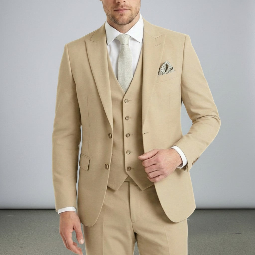 Silvorne men's tan 3-piece suit with single-breasted one-button jacket, waistcoat, and tailored trousers.