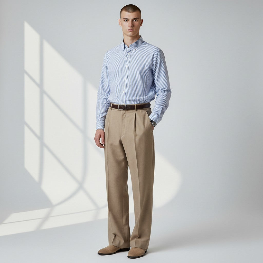 Silvorne men's high-waist tan woven trousers with straight-leg drape and double pleats.
