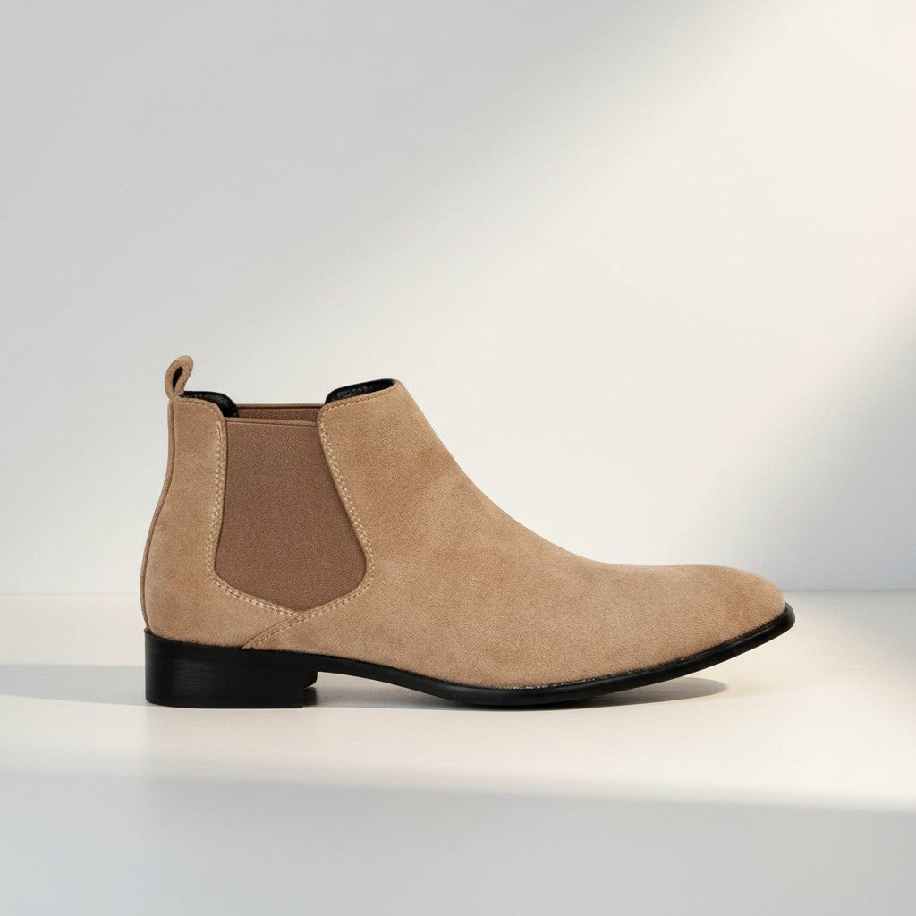 Silvorne men's tan suede square-toe Chelsea boots with elastic side panels and a discreet heel.