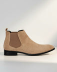 Silvorne men's tan suede square-toe Chelsea boots with elastic side panels and a discreet heel.