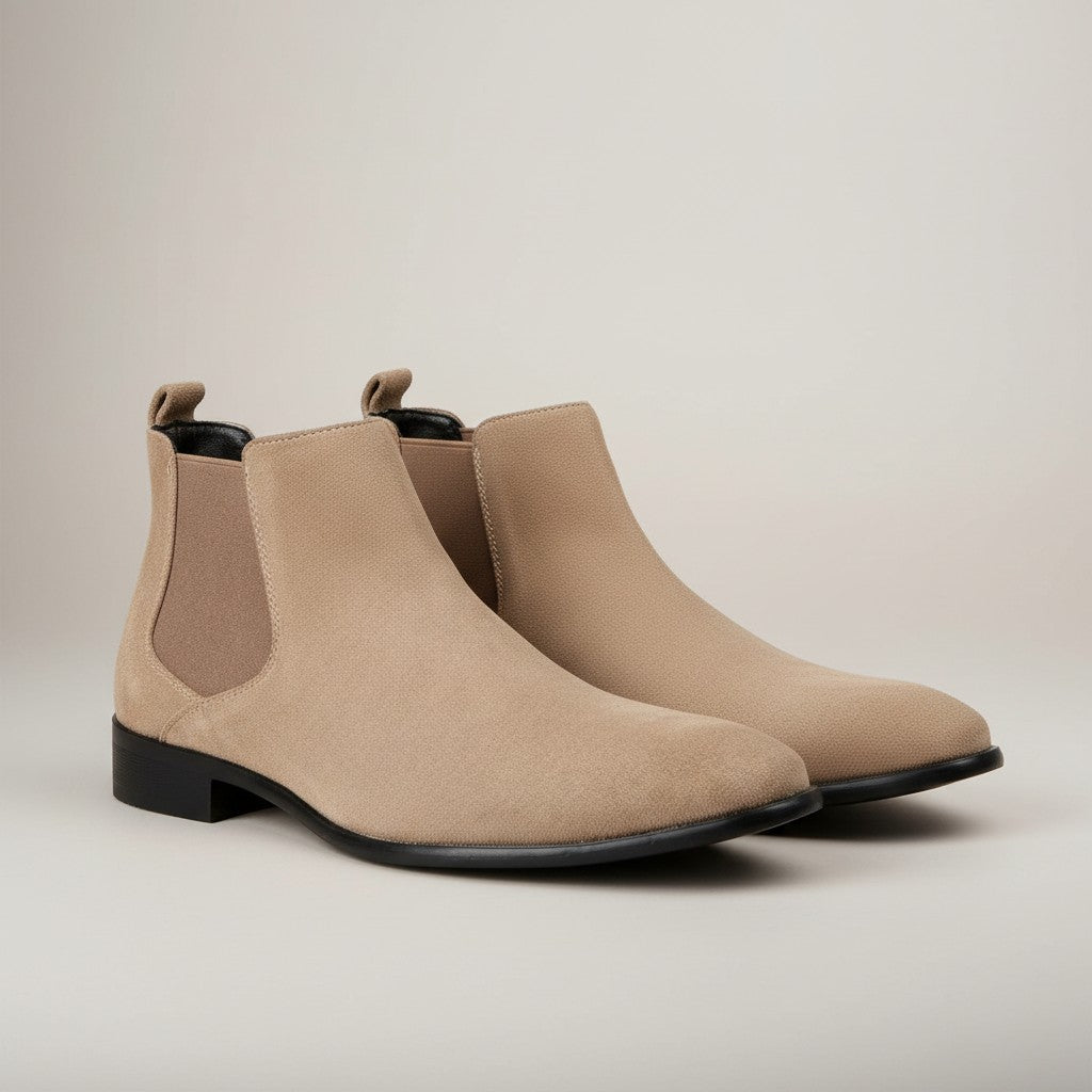Silvorne men's tan suede square-toe Chelsea boots with elastic side panels and a discreet heel.
