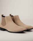 Silvorne men's tan suede square-toe Chelsea boots with elastic side panels and a discreet heel.