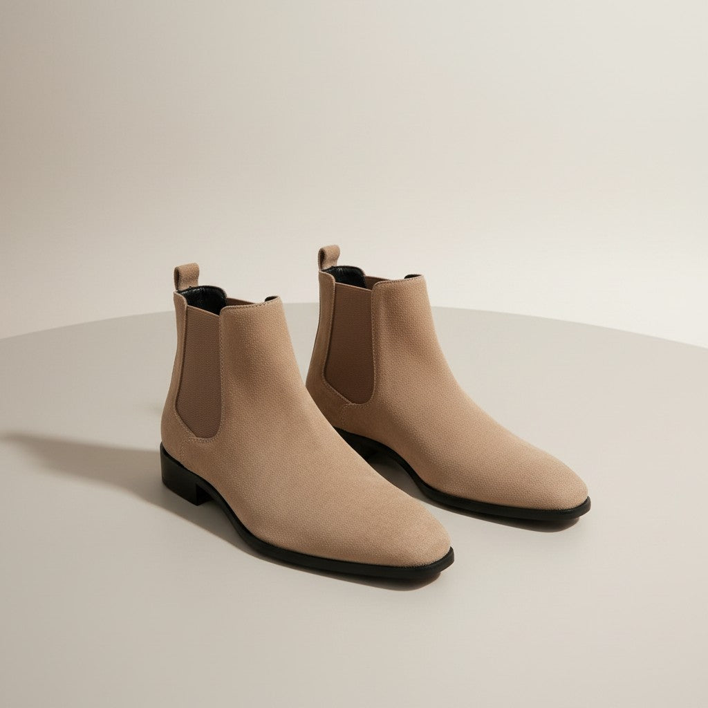 Silvorne men's tan suede square-toe Chelsea boots with elastic side panels and a discreet heel.