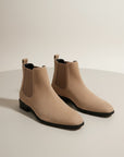 Silvorne men's tan suede square-toe Chelsea boots with elastic side panels and a discreet heel.