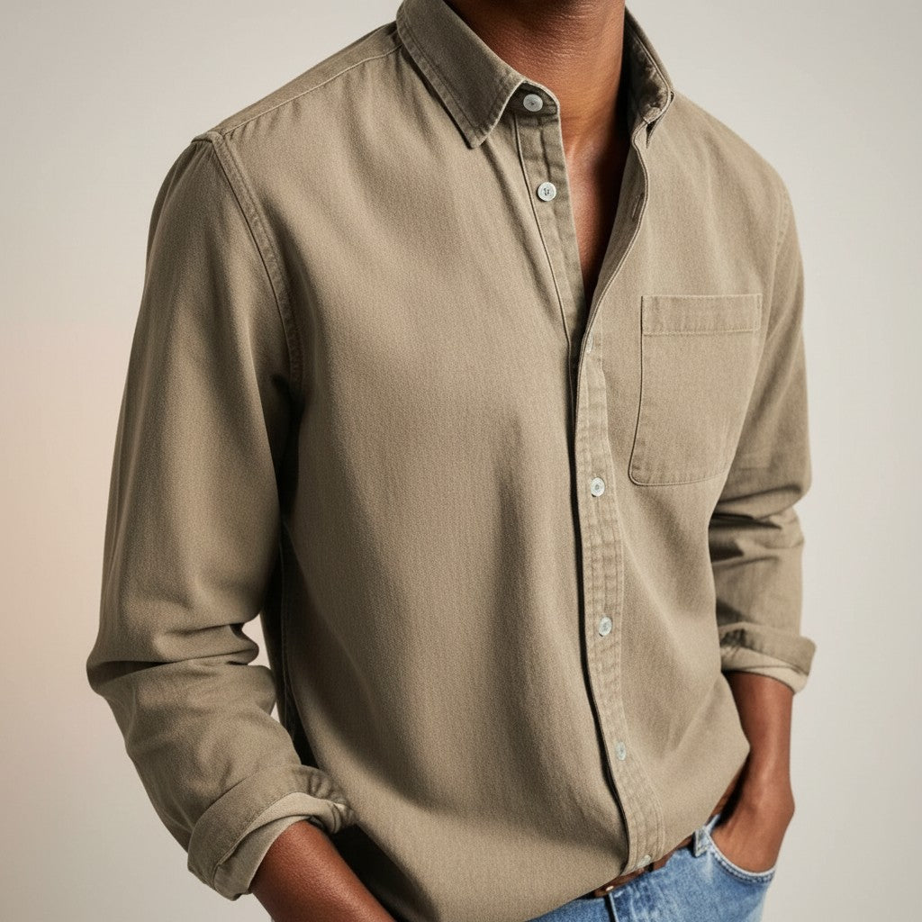 Silvorne men's slim-fit long-sleeve button-up shirt in solid taupe, featuring a turn-down collar and chest pocket.