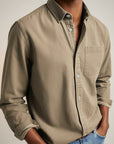 Silvorne men's slim-fit long-sleeve button-up shirt in solid taupe, featuring a turn-down collar and chest pocket.