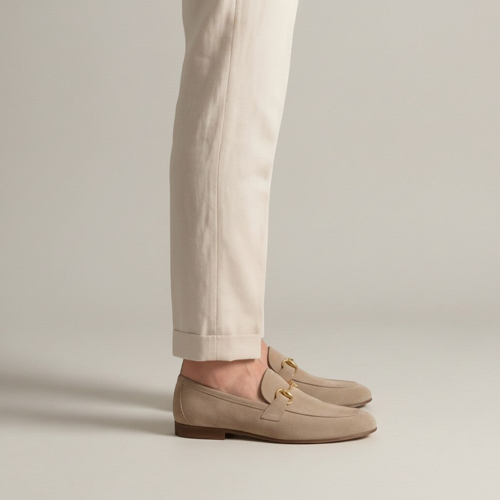 Silvorne men's taupe suede loafers with gold horsebit detail and almond toe. Casual or semi-formal.