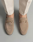 Silvorne men's taupe suede loafers with gold horsebit detail and almond toe.