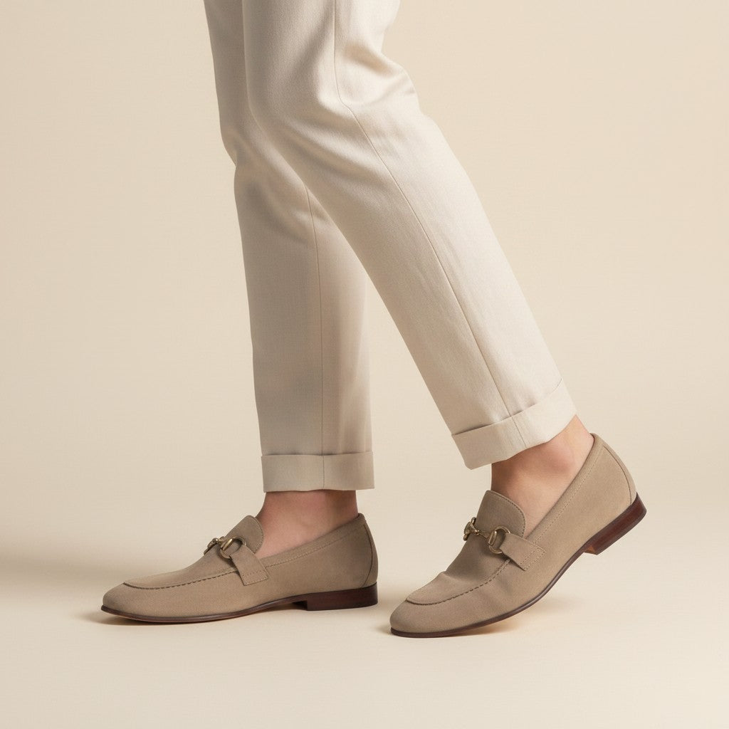 Silvorne men's taupe suede loafers with gold horsebit detail and almond toe. Casual or semi-formal.