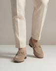 Silvorne men's taupe suede loafers with gold horsebit detail and almond toe. Styled with cream trousers.