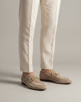 Silvorne men's taupe suede loafers with gold horsebit detail and almond toe.