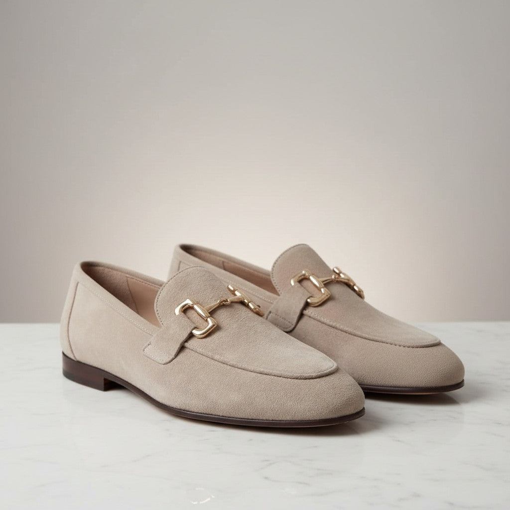 Silvorne men's taupe suede loafers with gold horsebit detail and almond toe.