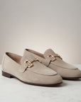 Silvorne men's taupe suede loafers with gold horsebit detail and almond toe.