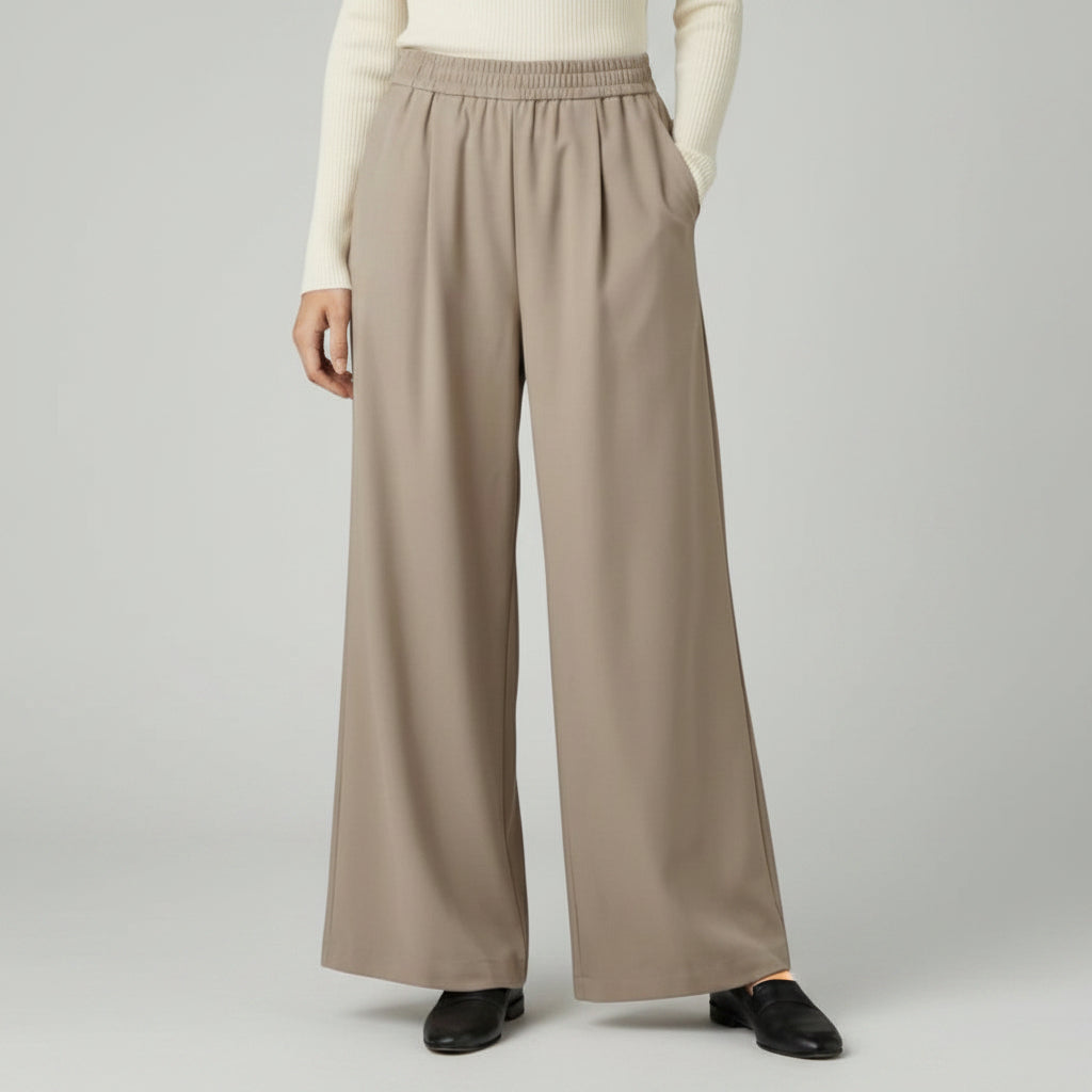 Silvorne women's taupe wide-leg trousers with elastic waistband and pleated detail, casual wear