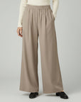 Silvorne women's taupe wide-leg trousers with elastic waistband and pleated detail, casual wear