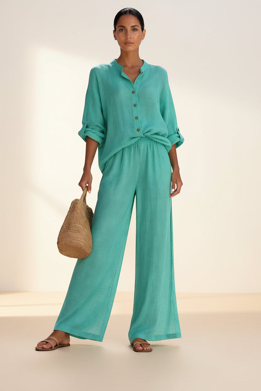 Silvorne Clementine women's teal linen blend button blouse and wide leg trousers set.
