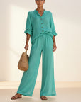 Silvorne Clementine women's teal linen blend button blouse and wide leg trousers set.