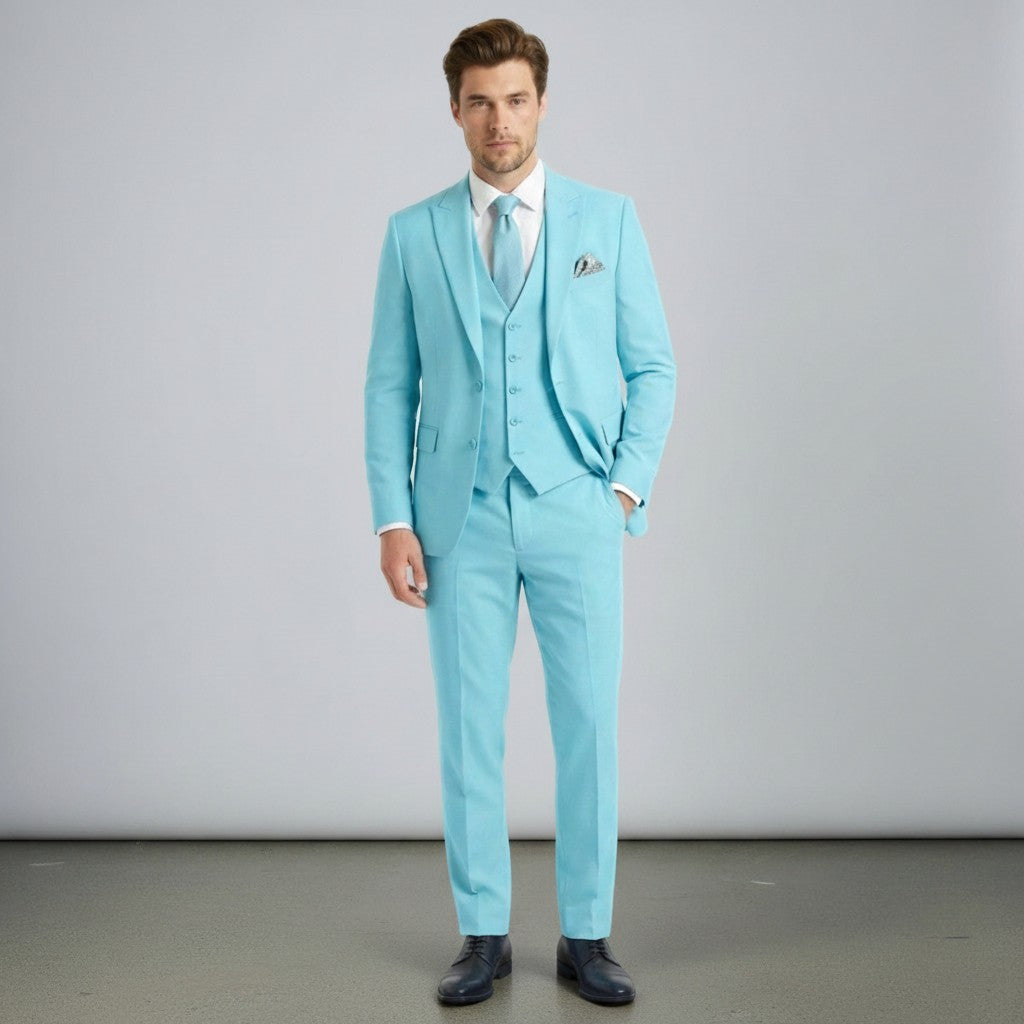 Silvorne men's turquoise blue three-piece suit with a single-breasted one-button jacket, waistcoat, and tailored trousers. Features peak lapels and a pocket square.
