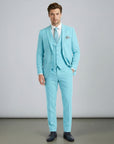 Silvorne men's turquoise blue three-piece suit with a single-breasted one-button jacket, waistcoat, and tailored trousers. Features peak lapels and a pocket square.