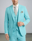Silvorne men's turquoise blue three-piece suit with a single-breasted one-button jacket, waistcoat, and tailored trousers.