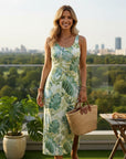 Silvorne vestido de poliéster sin mangas con estampado floral verde y blanco, ideal para verano.