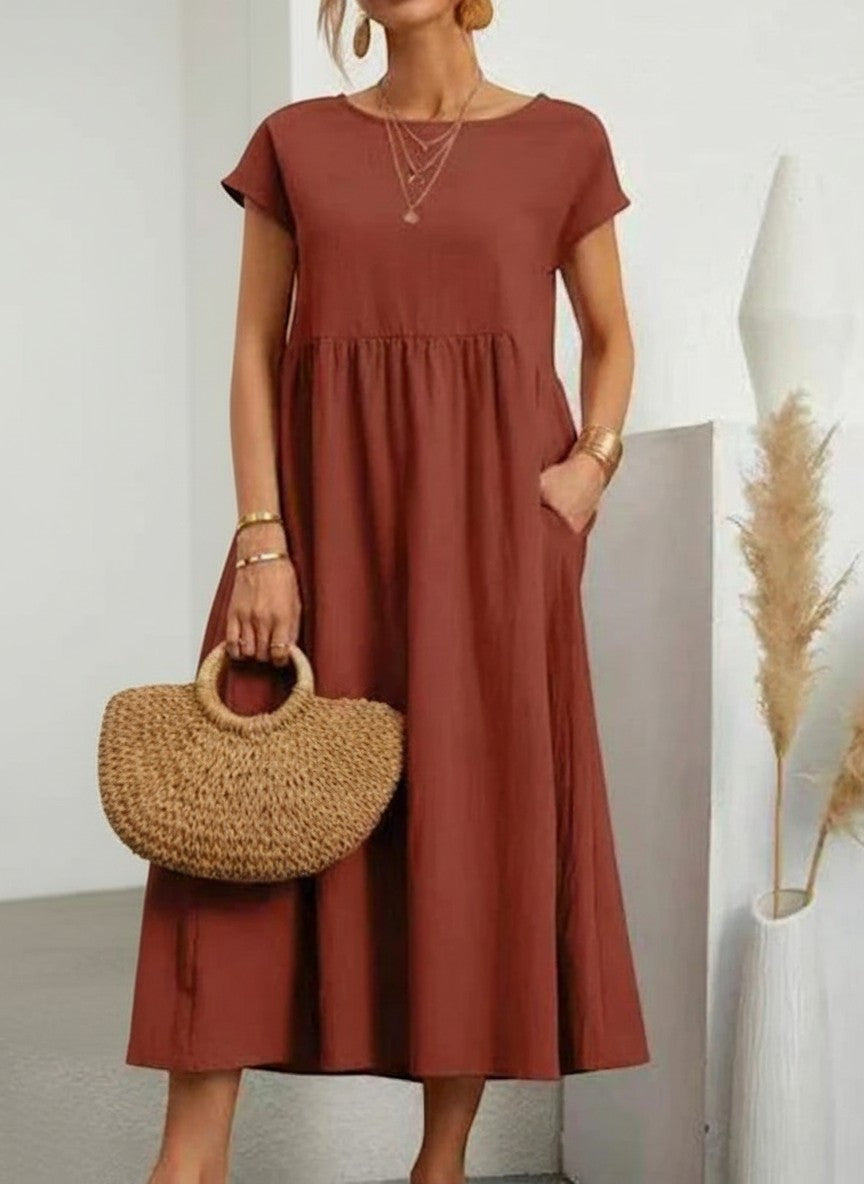 Silvorne Vestido largo de lino y algodón para mujer, color terracota, con mangas cortas y bolsillos, ideal para verano.
