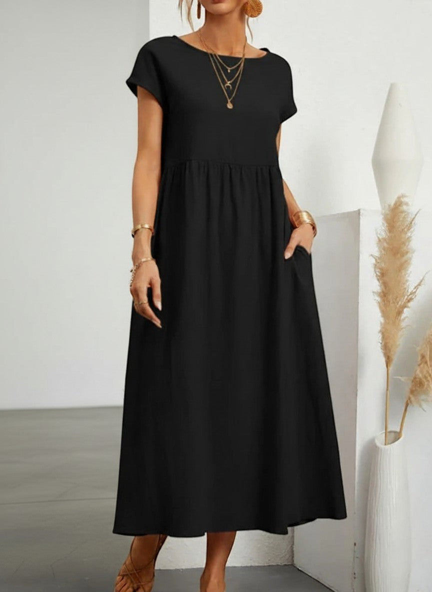 Silvorne Vestido largo negro de algodón y lino para mujer, manga corta, con bolsillos, ideal para verano.