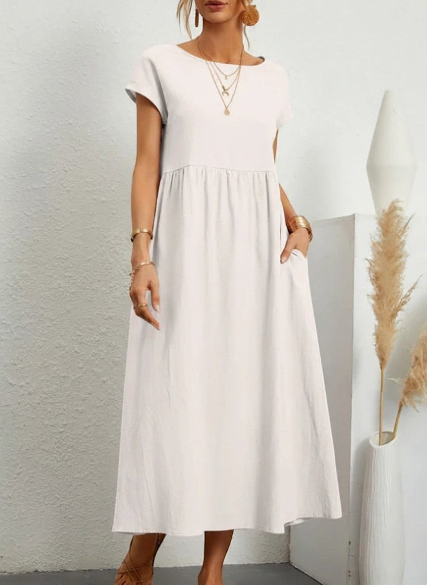 Silvorne Vestido blanco de lino y algodón para mujer, manga corta, largo hasta el tobillo, con bolsillos.