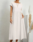 Silvorne Vestido blanco de lino y algodón para mujer, manga corta, largo hasta el tobillo, con bolsillos.