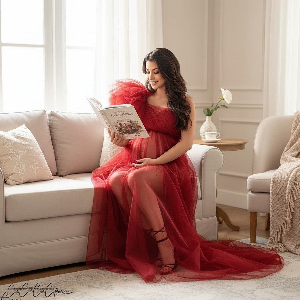 Silvorne Vestido de maternidad rojo de tul transparente con un solo hombro y abertura alta, ideal para fotografía.