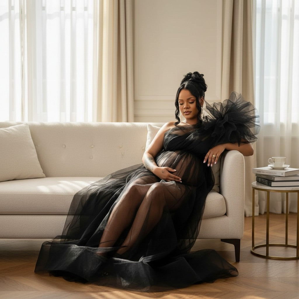 Silvorne Vestido de maternidad negro de tul transparente con un solo hombro y falda larga y fluida para fotografía.