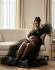 Silvorne Vestido de maternidad negro de tul transparente con un solo hombro y falda larga y fluida para fotografía.