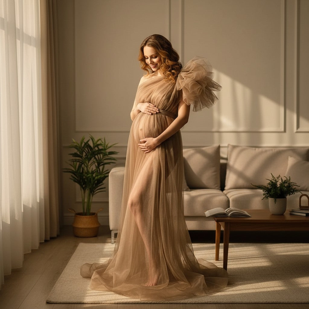 Silvorne Mujer vestido de maternidad de tul transparente, un hombro, color topo, para fotografía.