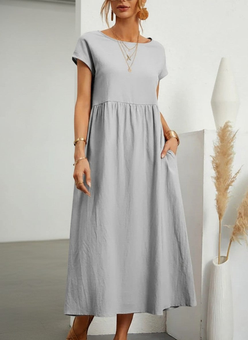 Silvorne Vestido maxi de lino y algodón gris para mujer, manga corta, cuello redondo, con bolsillos, ideal para verano.
