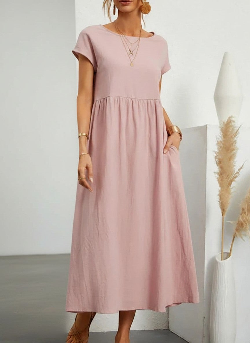 Silvorne Vestido maxi rosa de lino y algodón para mujer, manga corta, elegante, con bolsillos, ideal para verano.