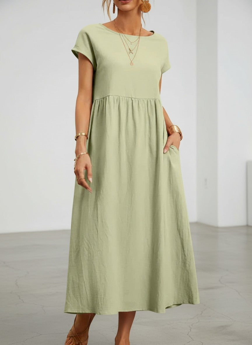 Silvorne Vestido maxi de lino y algodón verde pálido para mujer con mangas cortas y bolsillos.