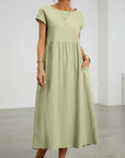 Silvorne Vestido maxi de lino y algodón verde pálido para mujer con mangas cortas y bolsillos.