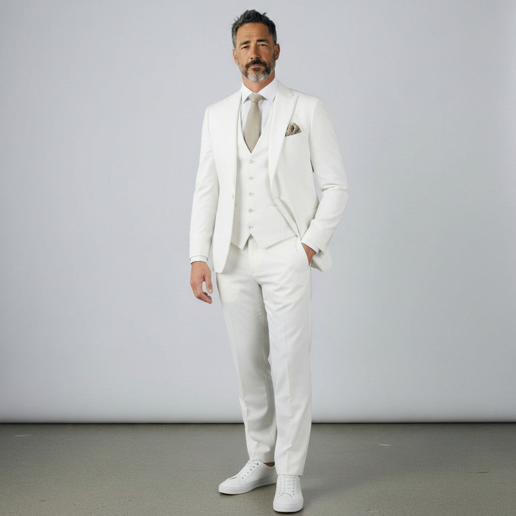 Silvorne men's white three-piece suit with single-breasted one-button jacket, waistcoat, and tailored trousers. Features peak lapels and a patterned pocket square.
