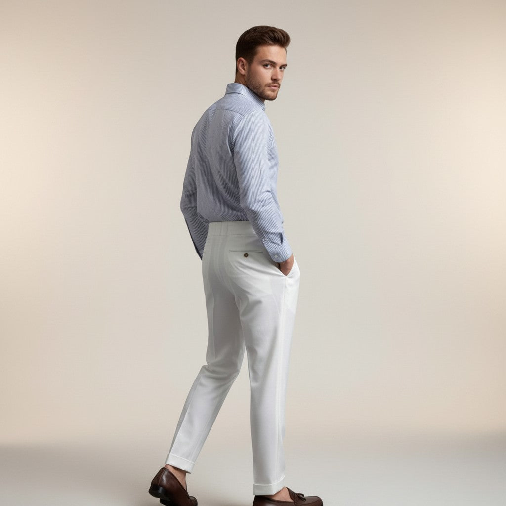 Silvorne men's white high-waist straight-leg draped trousers made from premium woven fabric. Model wears with a blue striped shirt and brown loafers.