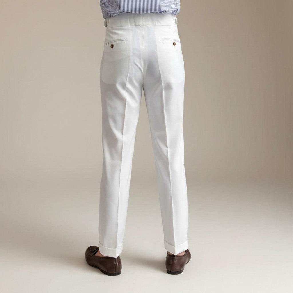 Silvorne men's white high-waist straight-leg draped trousers made from premium woven fabric.