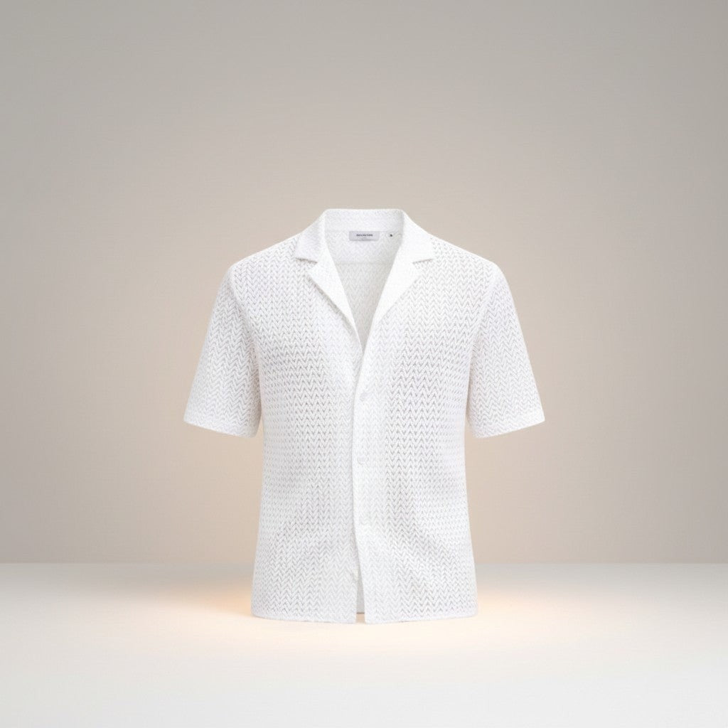 Silvorne men's white short sleeve button-up shirt with a breathable open-knit texture and a relaxed fit.