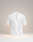 Silvorne men's white short sleeve button-up shirt with a breathable open-knit texture and a relaxed fit.