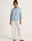 Women's Light Blue Linen Blouse | Elegant Bell Sleeve Relaxed Top 1