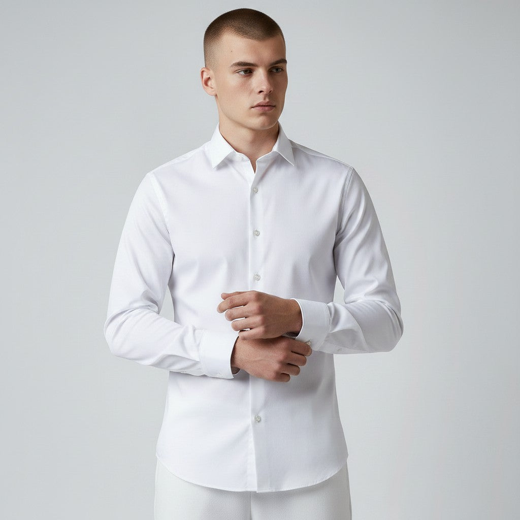 Silvorne Men's white slim-fit long-sleeve shirt with stretch fabric and button-down closure.